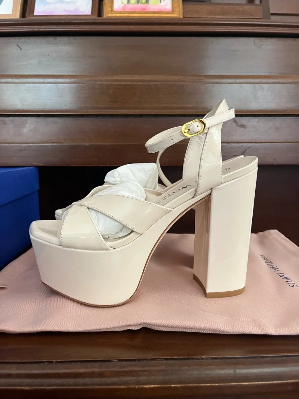 Stuart Weitzman Miami Squarehigh 140 Platform Sandal in Seashell Size 6